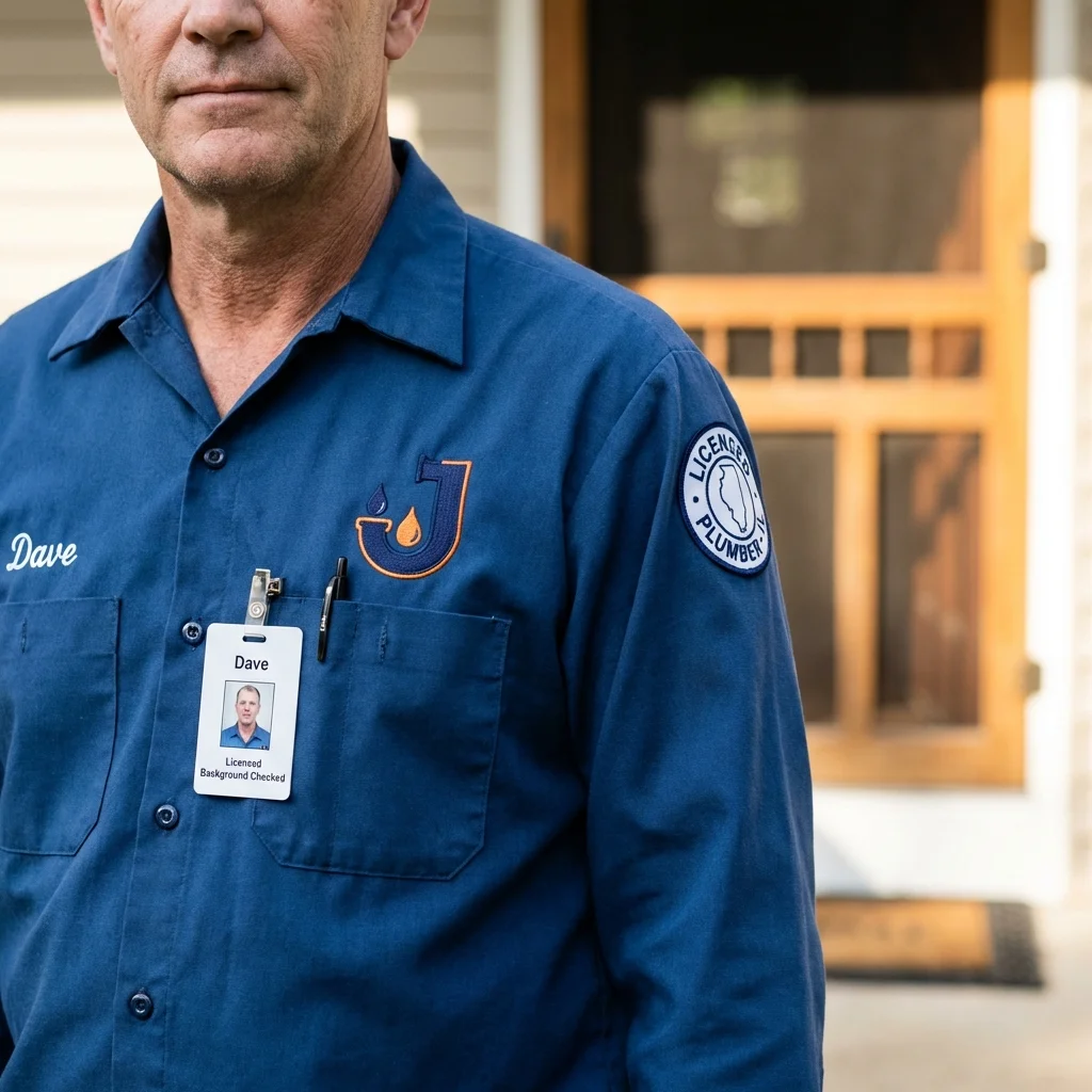 Licensed plumber showing ID badge in Vega Alta, PR