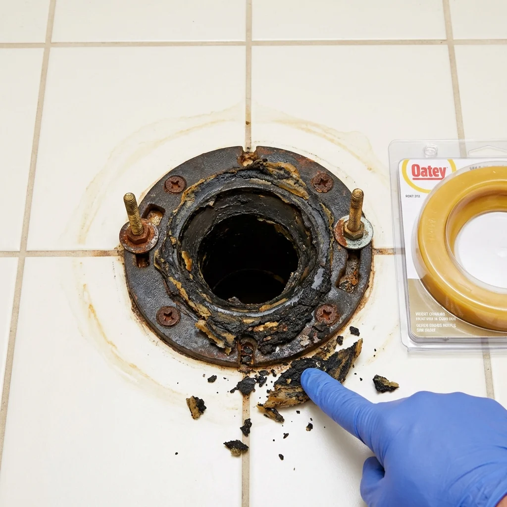 Failed wax ring showing water seepage at the base of a toilet in a Vega Alta, PR home
