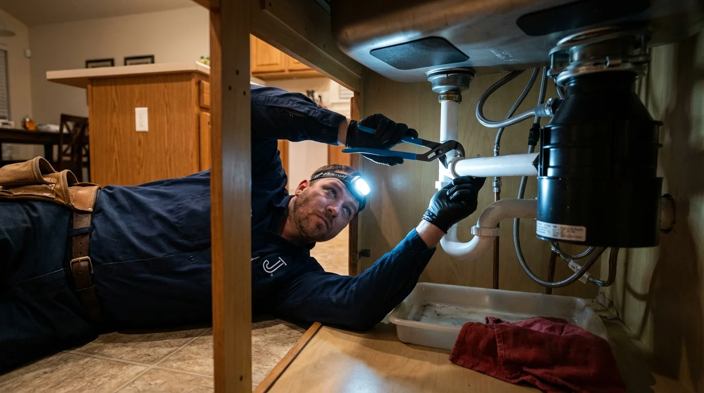 P-trap and supply line connections under a kitchen sink showing a common leak point in Vega Alta, PR
